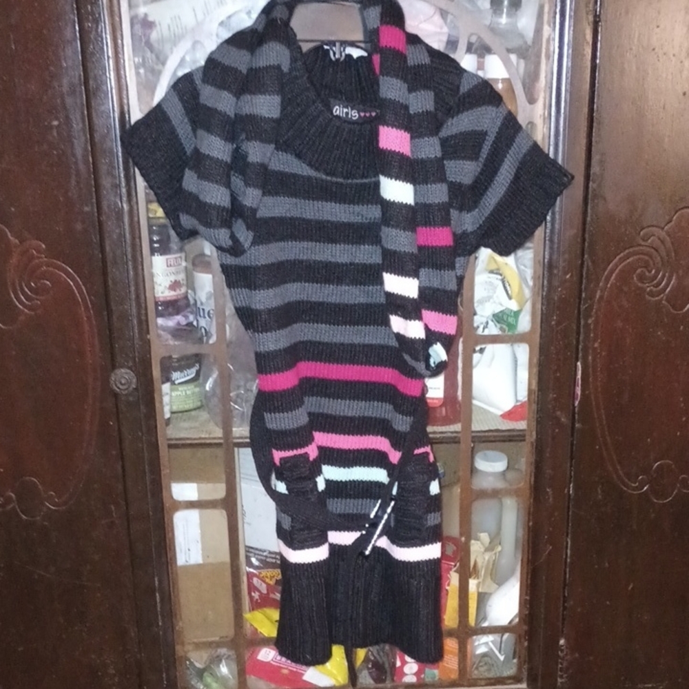 Striped Black and Pink Knit Dress with Scarf